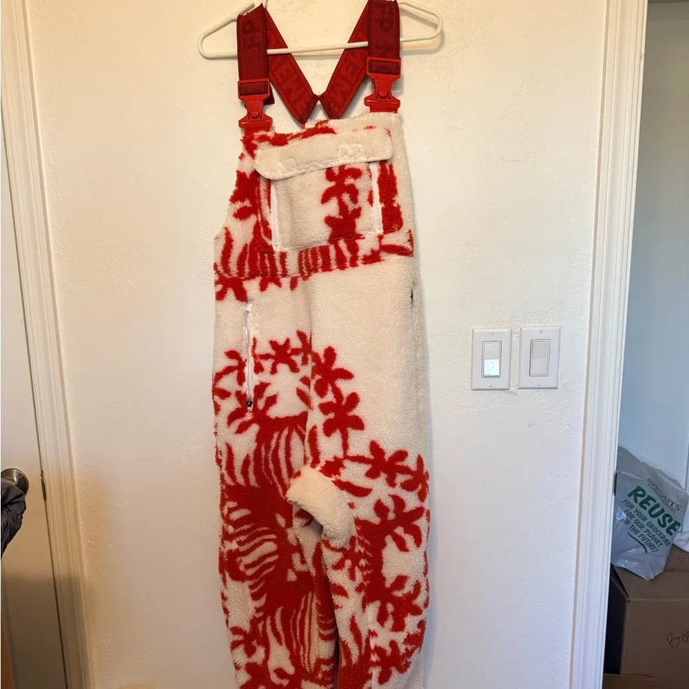 Free People Cozy Red & White Fleece Overalls Snow Pants - Picture 1 of 15